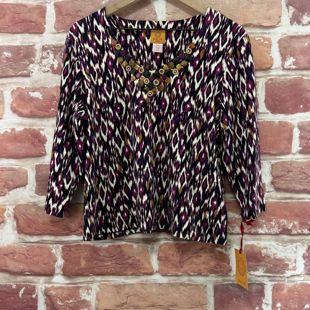 Ruby Rd Top Womens XL Petite Purple Boho Ikat Abstract Beaded Neck Casual Shirt